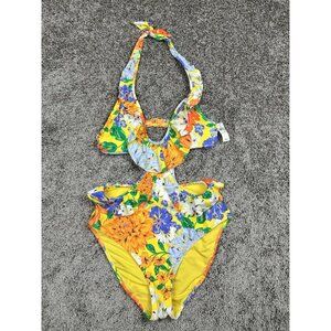 Aerie Cut Out One Piece Swimsuit M Yellow Floral Monokini Halter‎ NWT